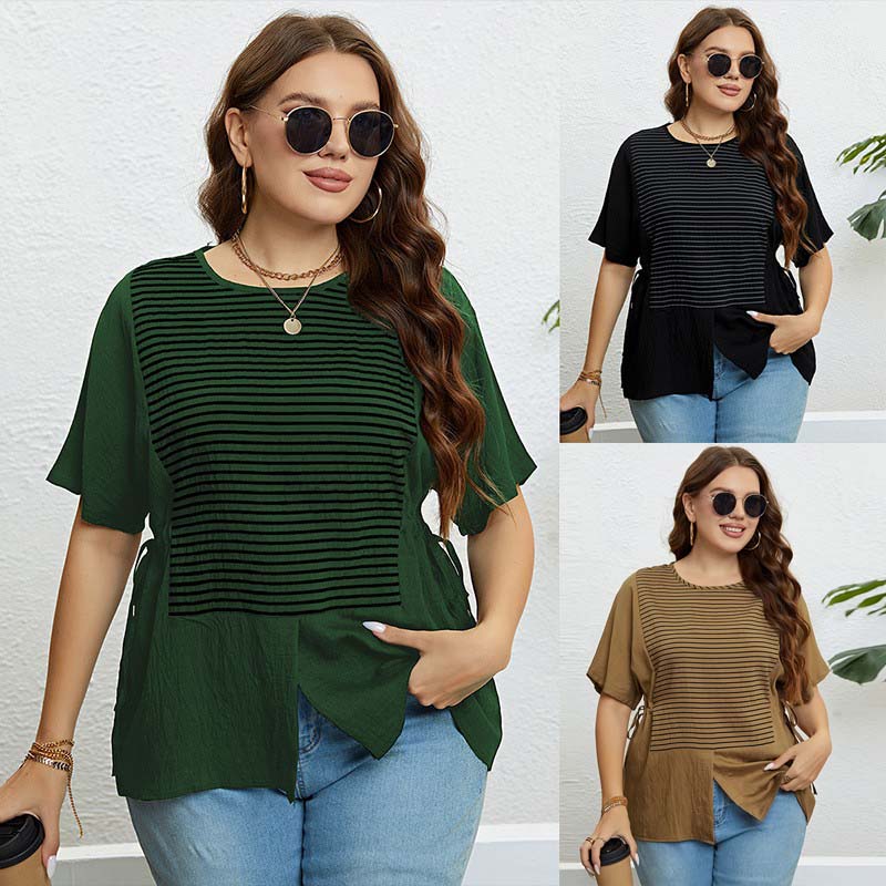 Plus Size Summer Top Women O-Neck Side Slit Short Sleeves