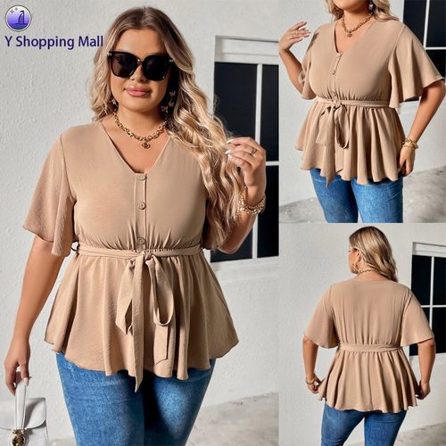 夏季v领显瘦大码胖MM休闲女上衣