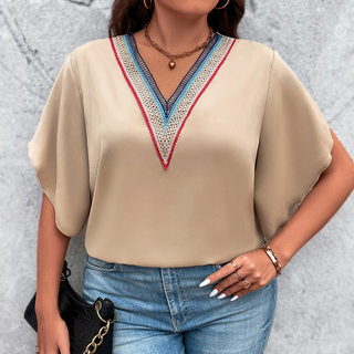 Lace V-Neck Casual Blouse with Short Sleeves for Fat Women