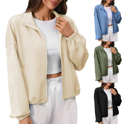 2026F/W Women Jacket Zip Drawstring Cropped Long Sleeve Coat