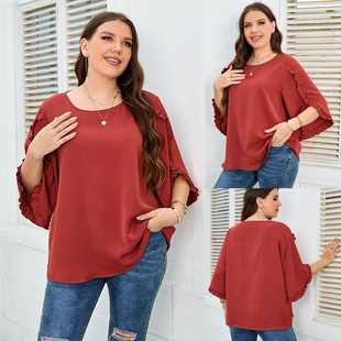 Shirt with for Comfortable Half Size Plus Red Sleeves Women