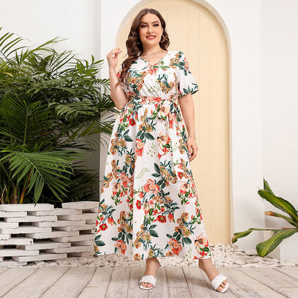 大码宽松V领印花连衣裙 夏季胖MM仙女裙 plus size summer dress