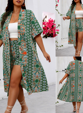 Summer Printed Women Two Piece Set Long Cardigan + Shorts