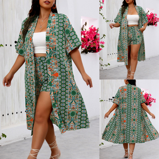Summer Printed Women Two Piece Set Long Cardigan + Shorts