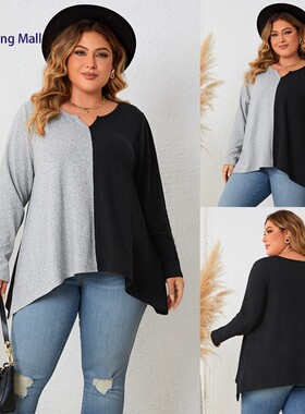 Plus Size Women Color Block Irregular Patchwork Fashion Tops