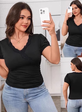 Summer Lace Collar Knitted Fitted T-Shirt Top for Women