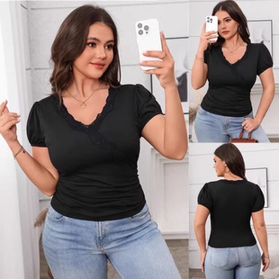 Summer Lace Collar Knitted Fitted T-Shirt Top for Women