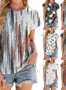 2025 Summer Women Striped Tee Loose Fit T-Shirt 印花T恤上衣