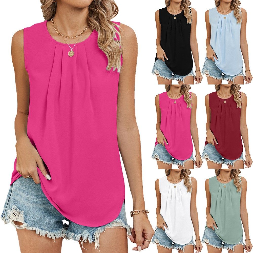 Pleated crew neck sleeveless vest tank top chiffon shirt - 实物图