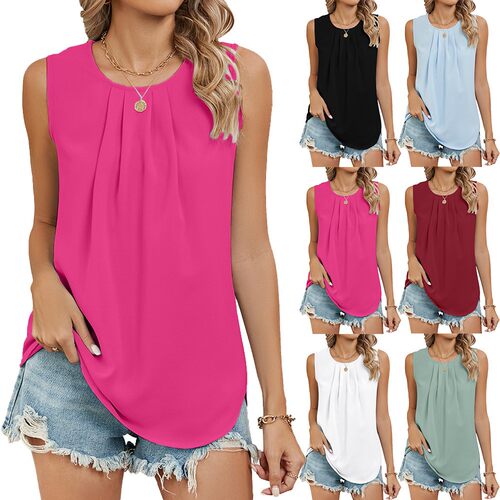 Pleated crew neck sleeveless vest tank top chiffon shirt
