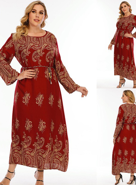 Plus Size Women Vintage Ethnic Style Long Sleeve Maxi Dress