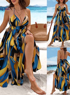 Beach suspender dresses for women with printed hem and slits