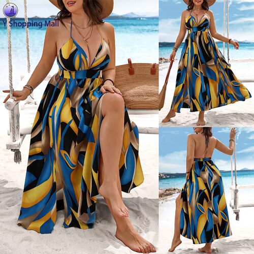 Beach suspender dresses for women with printed hem and slits