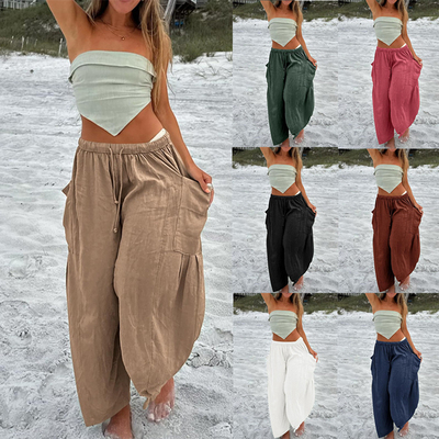 Women Cotton Linen Trousers Loose Fit Pleated Casual Pants