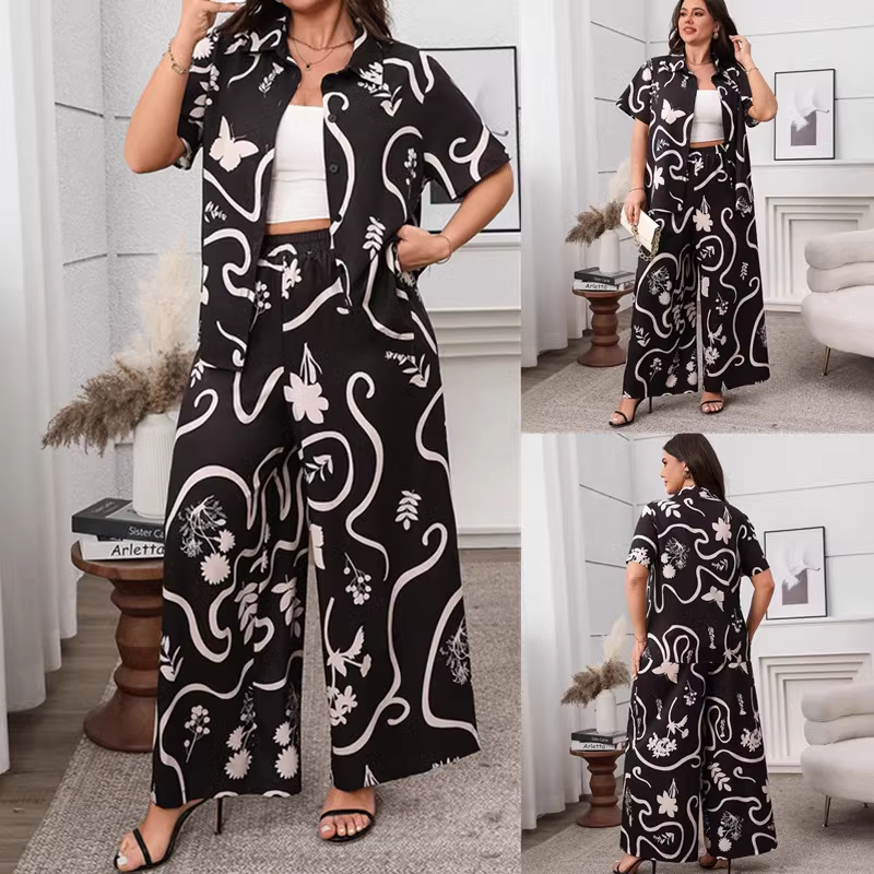 Summer plus size printed shirt pants women suit 胖MM两件套装
