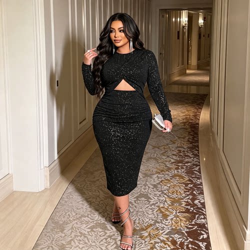 Plus Size Women Black Sequin Dress Ladies Party Evening Gown