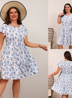 2025s Plus Size Women Floral Dress 大码夏季碎花中长裙