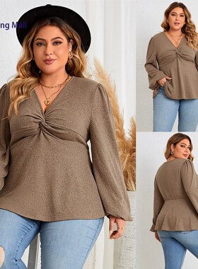 Plus Size Women's Solid Color V-neck Long Sleeve Casual Tops