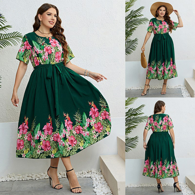 夏季大码绿色印花绑带收腰连衣裙
