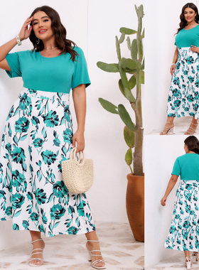 Plus Size Elegant Floral Print Dress 大码印花收腰大摆连衣裙