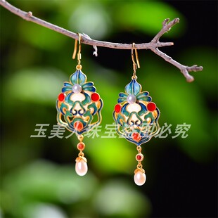 新疆天然和田玉白玉珐琅彩方鼓多宝耳坠女款玉石镶嵌珍珠耳环耳钉