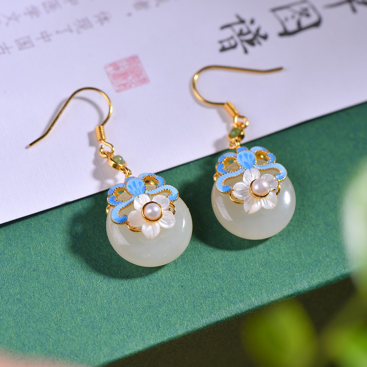 天然和田玉白玉925银镶嵌国风珐琅彩平安扣耳坠玉石耳环耳饰