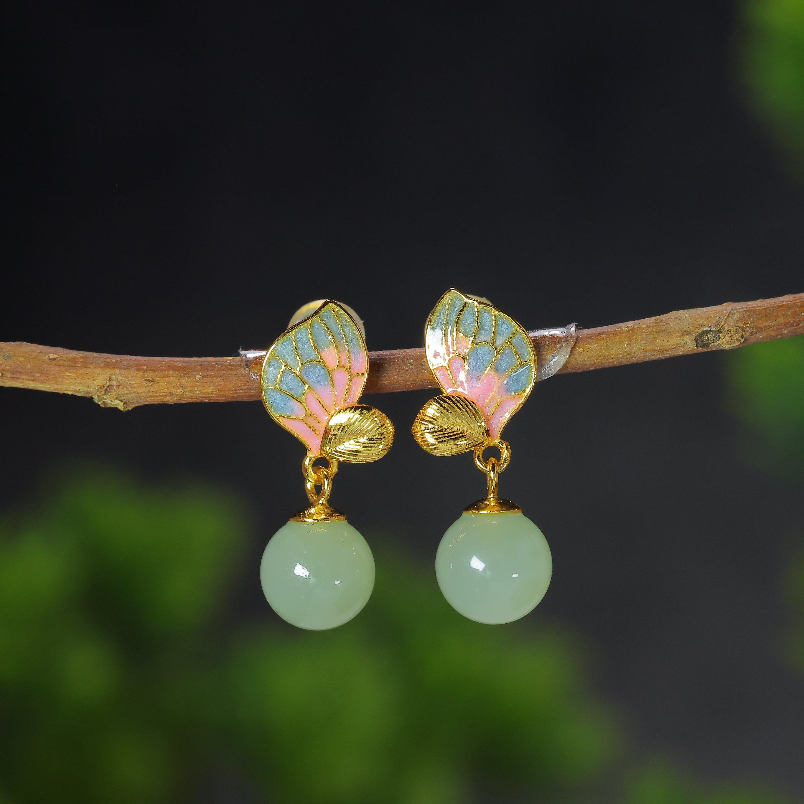 天然和田玉青白玉925银百搭珐琅旺财蝶羽玉石耳环耳坠耳饰,珠宝/钻石/翡翠,耳饰,淘宝优惠券,粉丝福利购,淘宝优惠卷