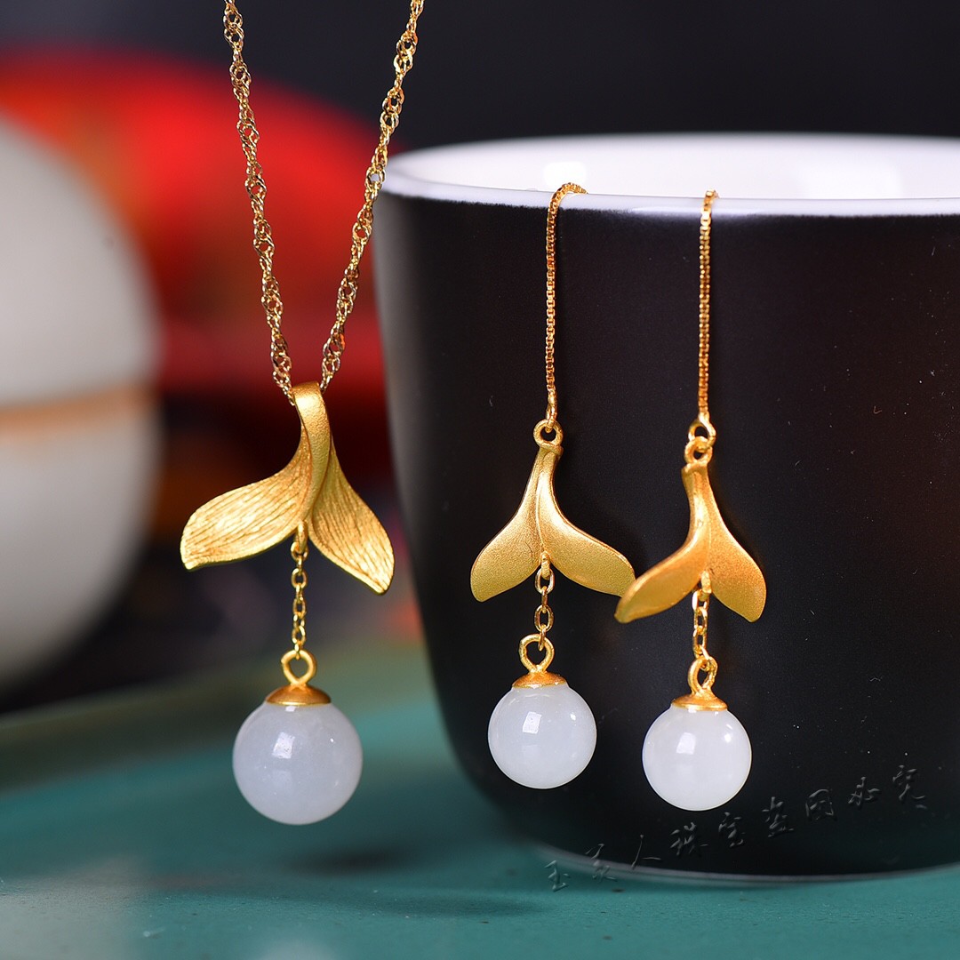 天然和田玉白玉925银吊坠大气耳环女款简约百搭玉石项链耳链耳坠