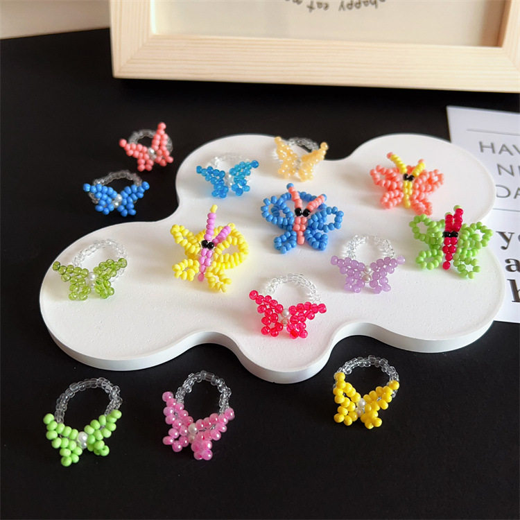 韩国ins小众手工蝴蝶结串珠甜美精致戒指清新指环珍珠编制 女