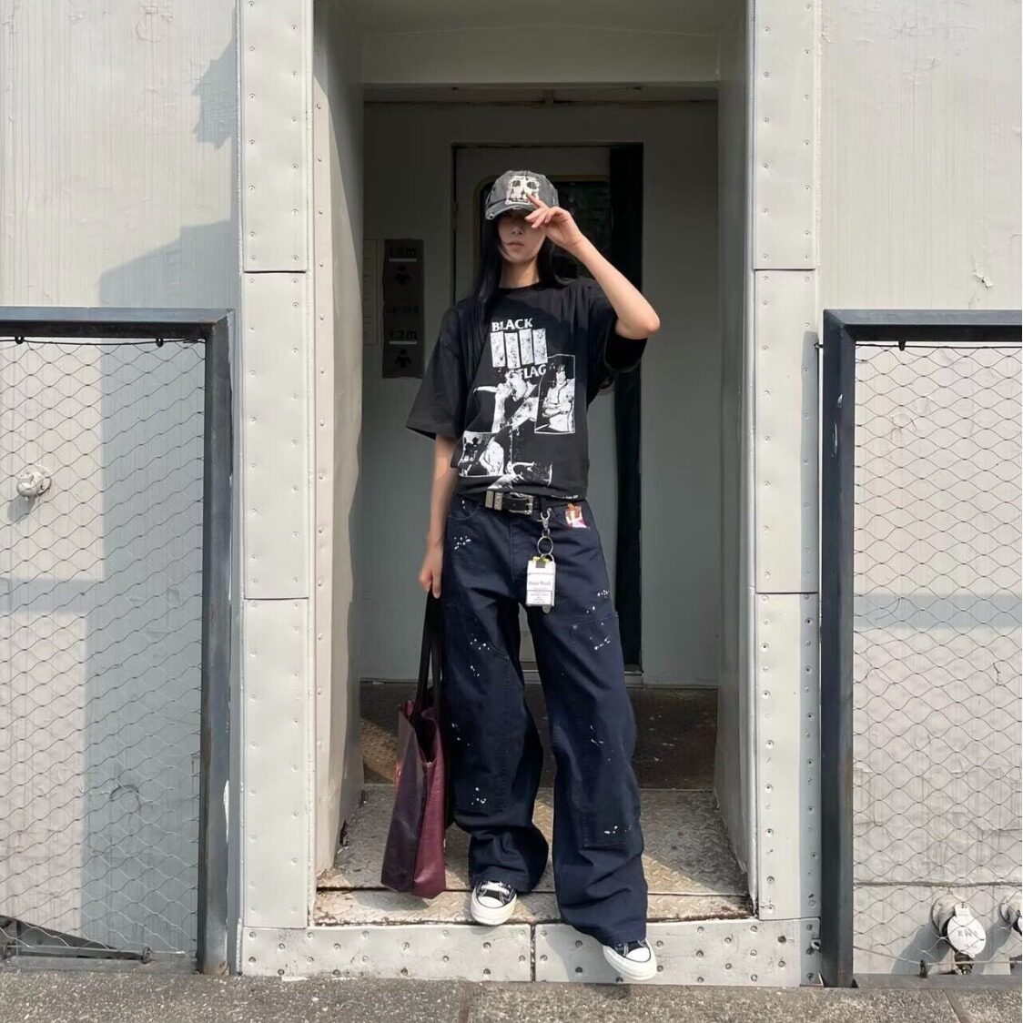 韩国 cleanfit泼墨水洗双膝工装裤烟盒刺绣直筒宽松阔腿伐木裤b01