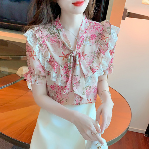 PS27124# 蕾丝花边衬衫女夏季新款法式复古碎花别致上衣 服装批发女装直播货源