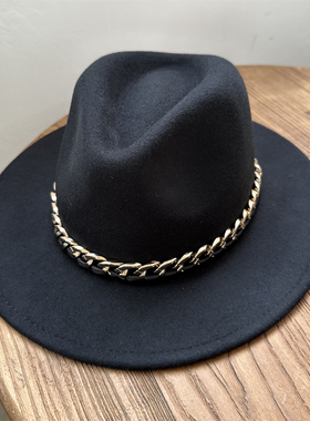 欧美嘻哈黑色帽子亚克力链条爵士顶毛呢帽宽檐礼帽男秋冬时尚博主