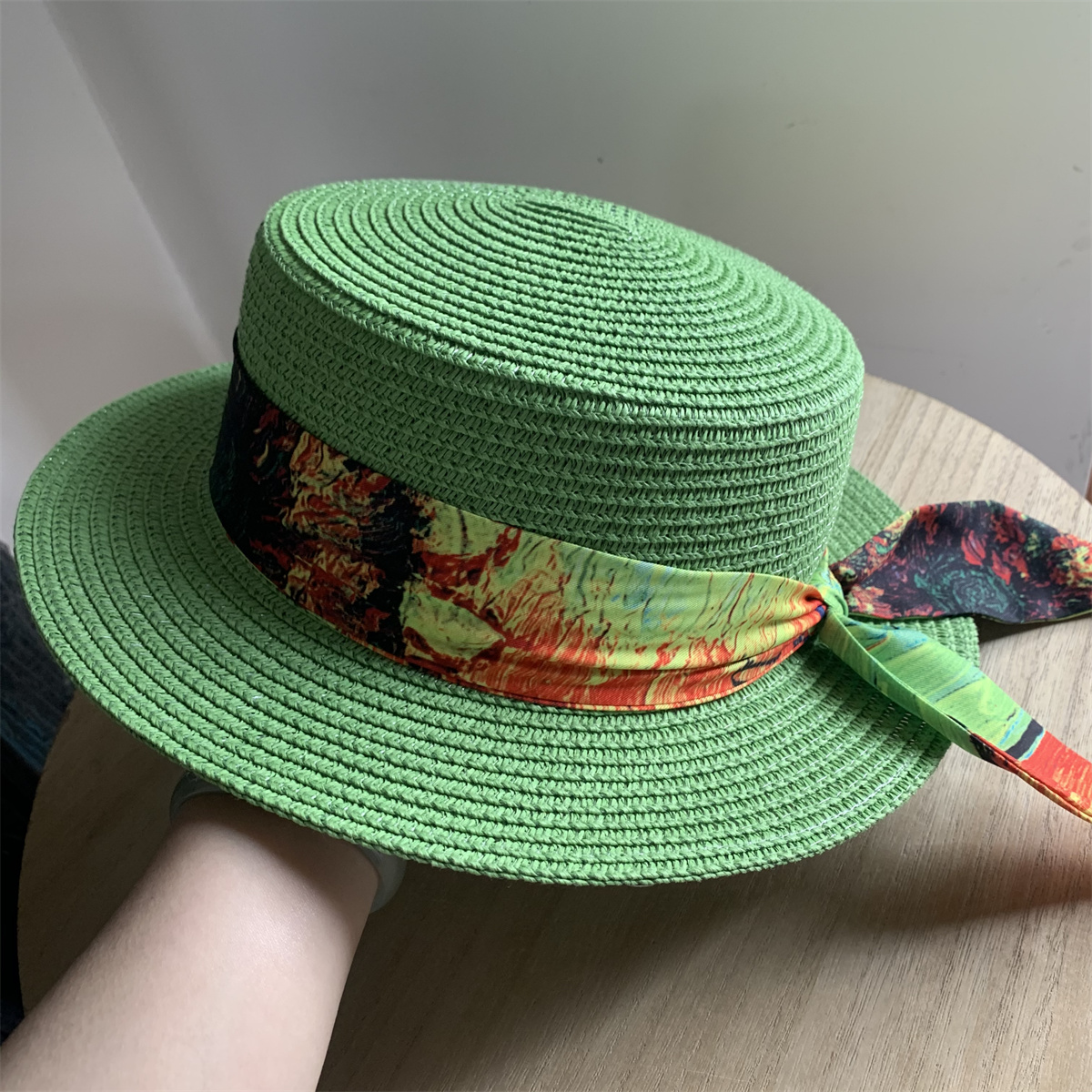 草绿色平顶草编帽子遮阳帽女防晒夏季包边平沿出游逛街英伦礼帽
