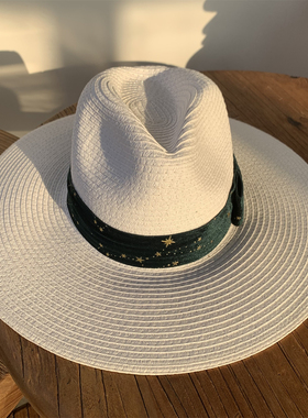 赫本风10cm白色草帽 夏季防晒遮阳大檐帽子女礼帽旅游海边沙滩帽