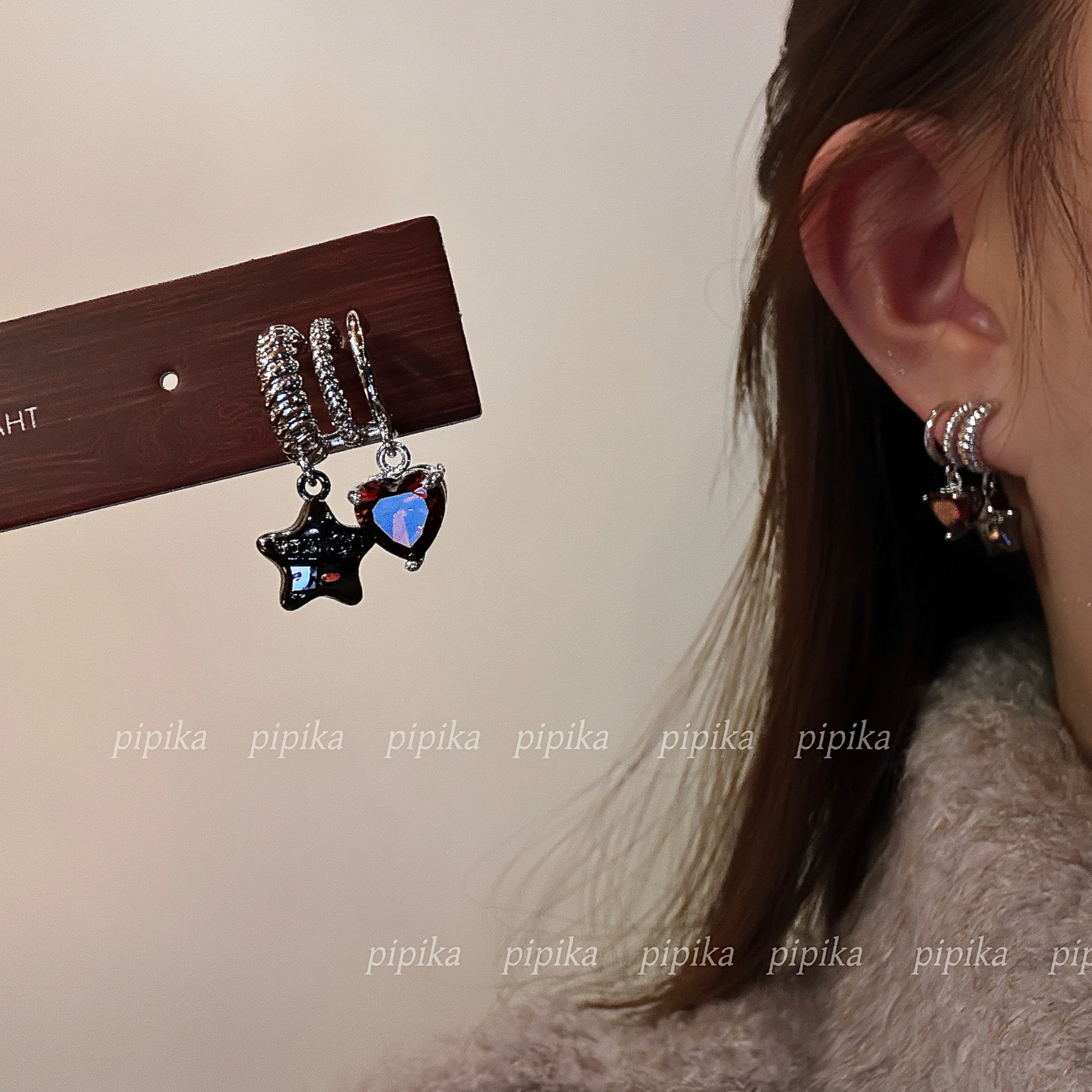 pipi原创复古甜酷风红钻爱心星星耳环女高级气质多排小众耳饰银针