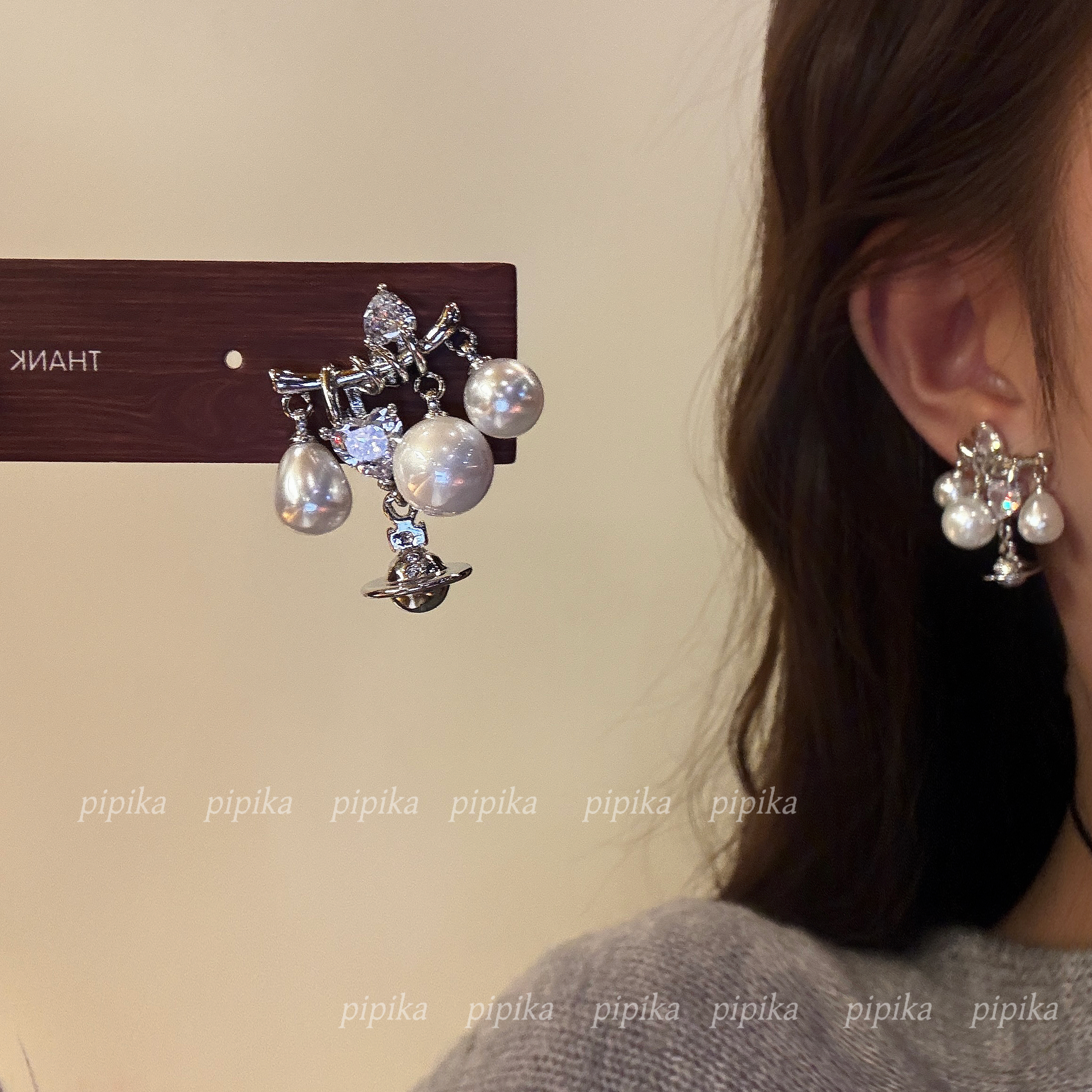 pipi原创设计轻奢珍珠爱心吊坠土星耳钉宫廷风复古气质耳饰女银针