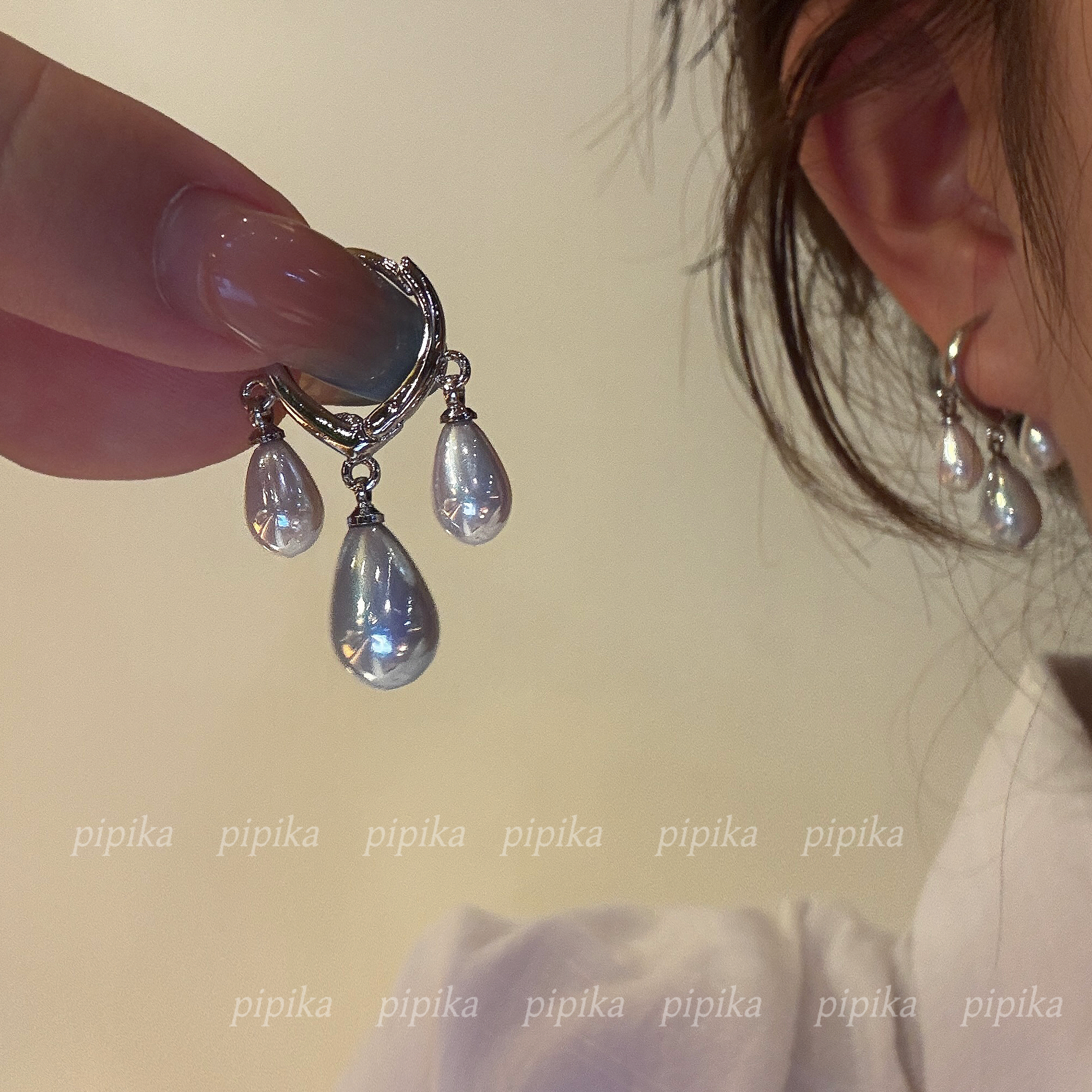 pipi原创设计彩光珍珠水滴流苏耳扣耳环耳饰简约百搭气质不过敏女