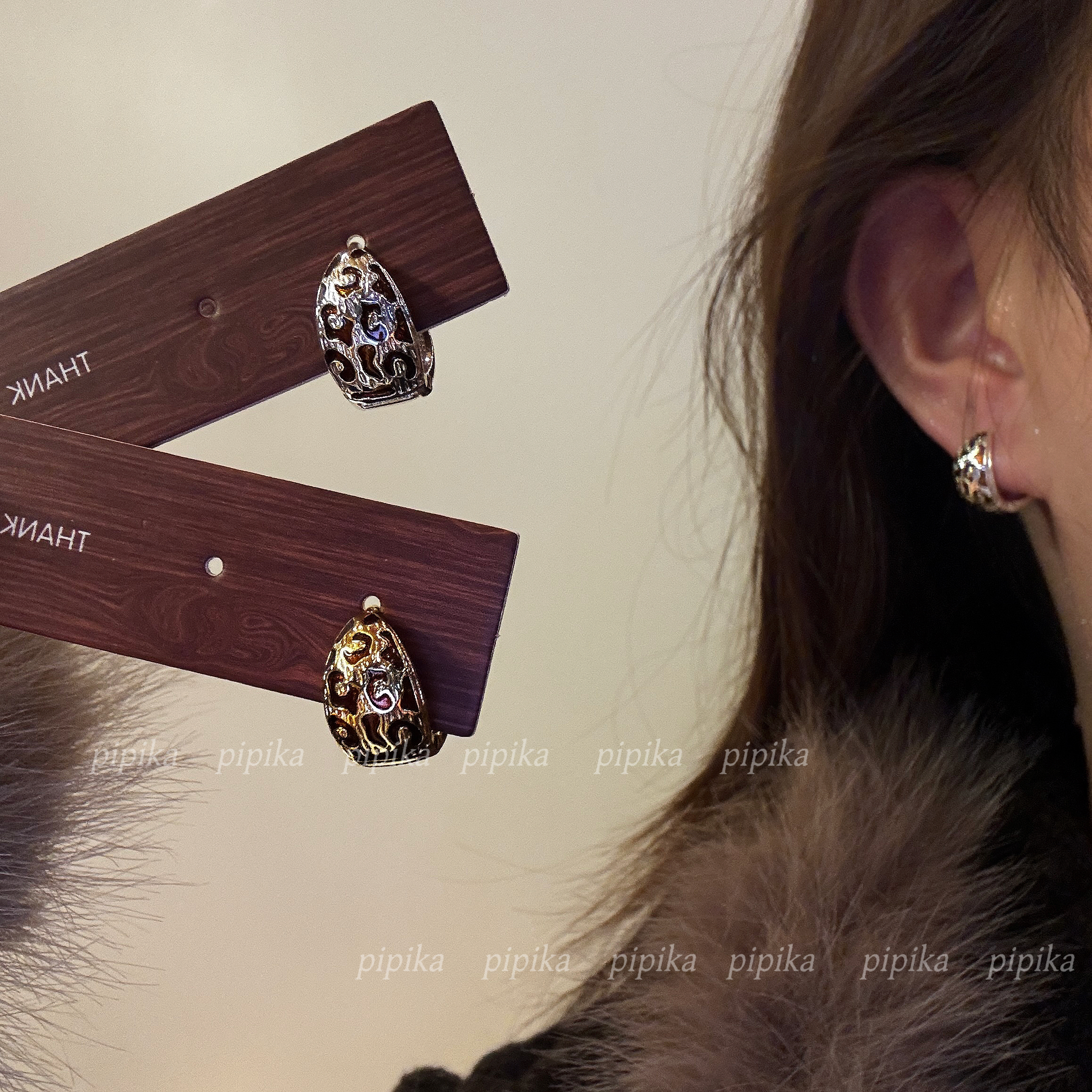 pipi复古金属豹纹水滴耳扣小众简约设计感气质耳钉百搭高级感耳环