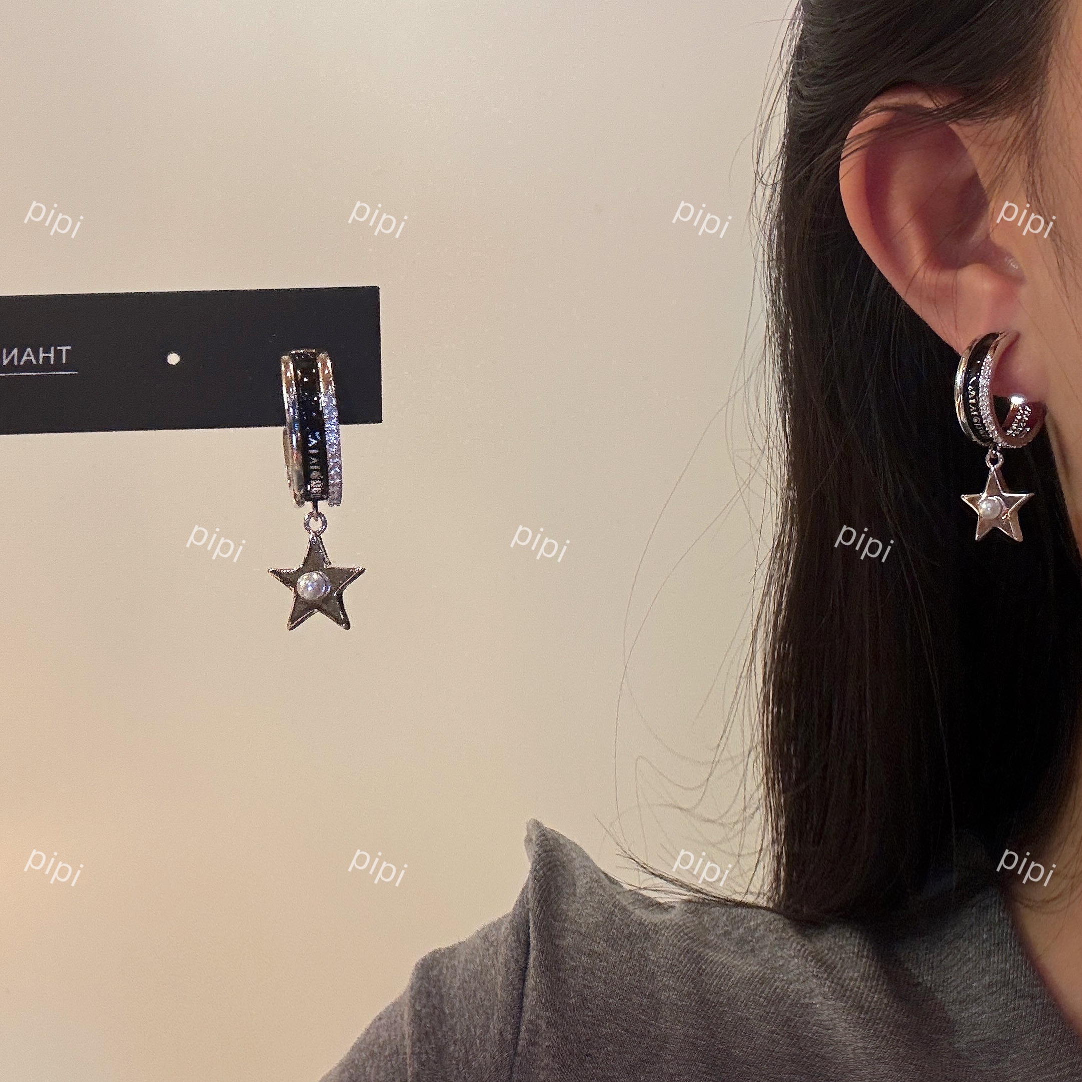 pipi原创设计c圈字母镶钻滴油星星珍珠耳环耳圈耳饰百搭甜酷银针