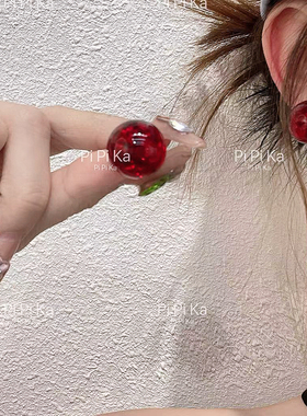 pipi～安可拉红红色樱桃珠珠耳钉金箔耳环银针高级感气质本命年款