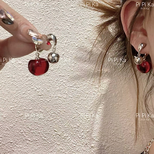 pipi～原创甜美小苹果红樱桃耳环前后两带小银珠耳钉银针耳饰女神