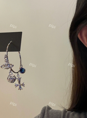 pipi原创设计土星十字架蓝色锆石耳圈耳环耳饰百搭气质女神银针女