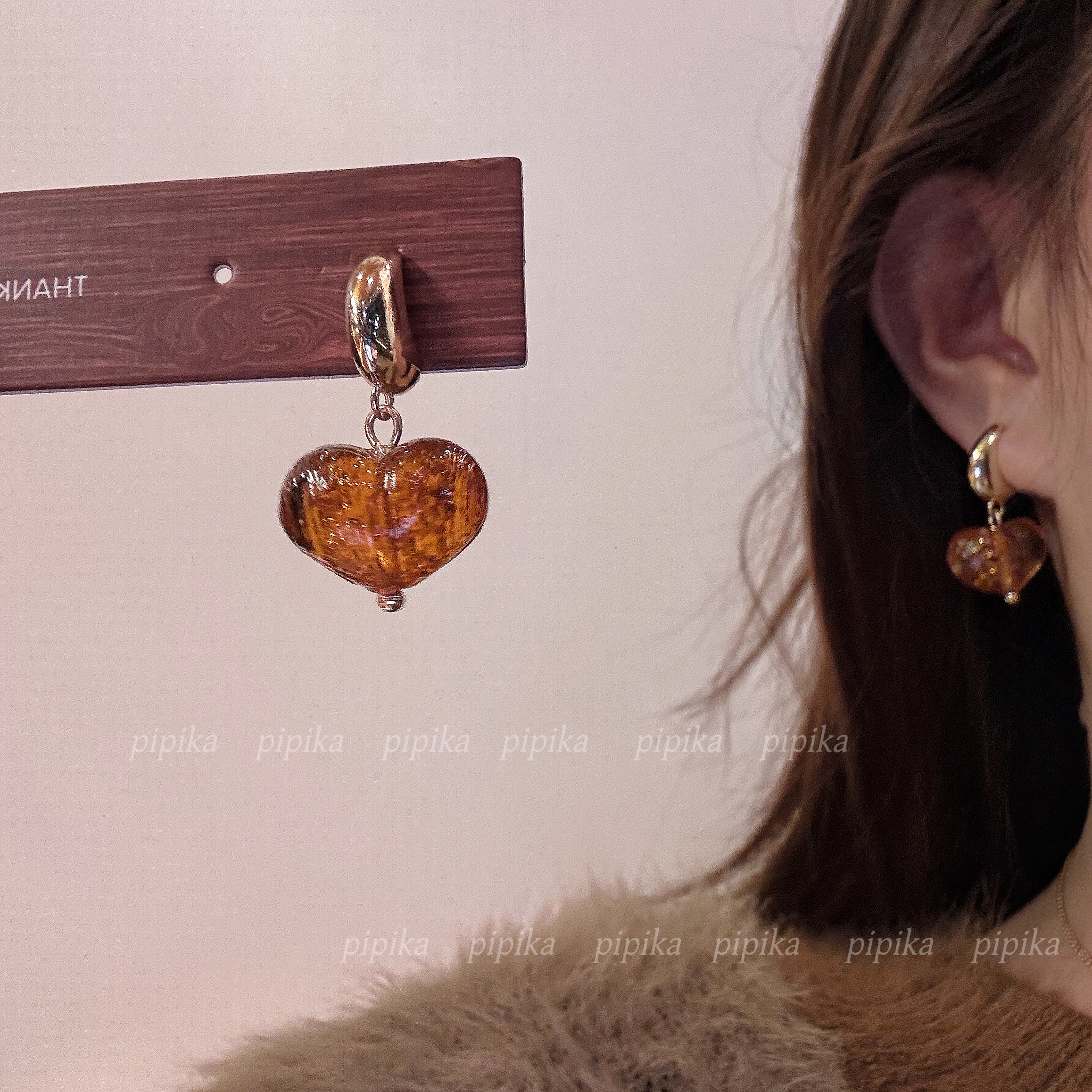 pipi原创复古琥珀胖爱心耳环女小众高级感气质百搭耳钉耳饰银针