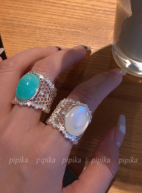 pipi韩国定制月光蓝色石戒指女小众百搭潮酷个性高级感简约开口戒