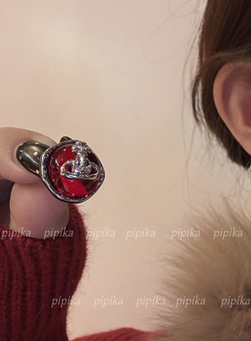 pipi原创小众红色蓝色透亮土星耳环高级气质耳饰银针耳钉简约百搭