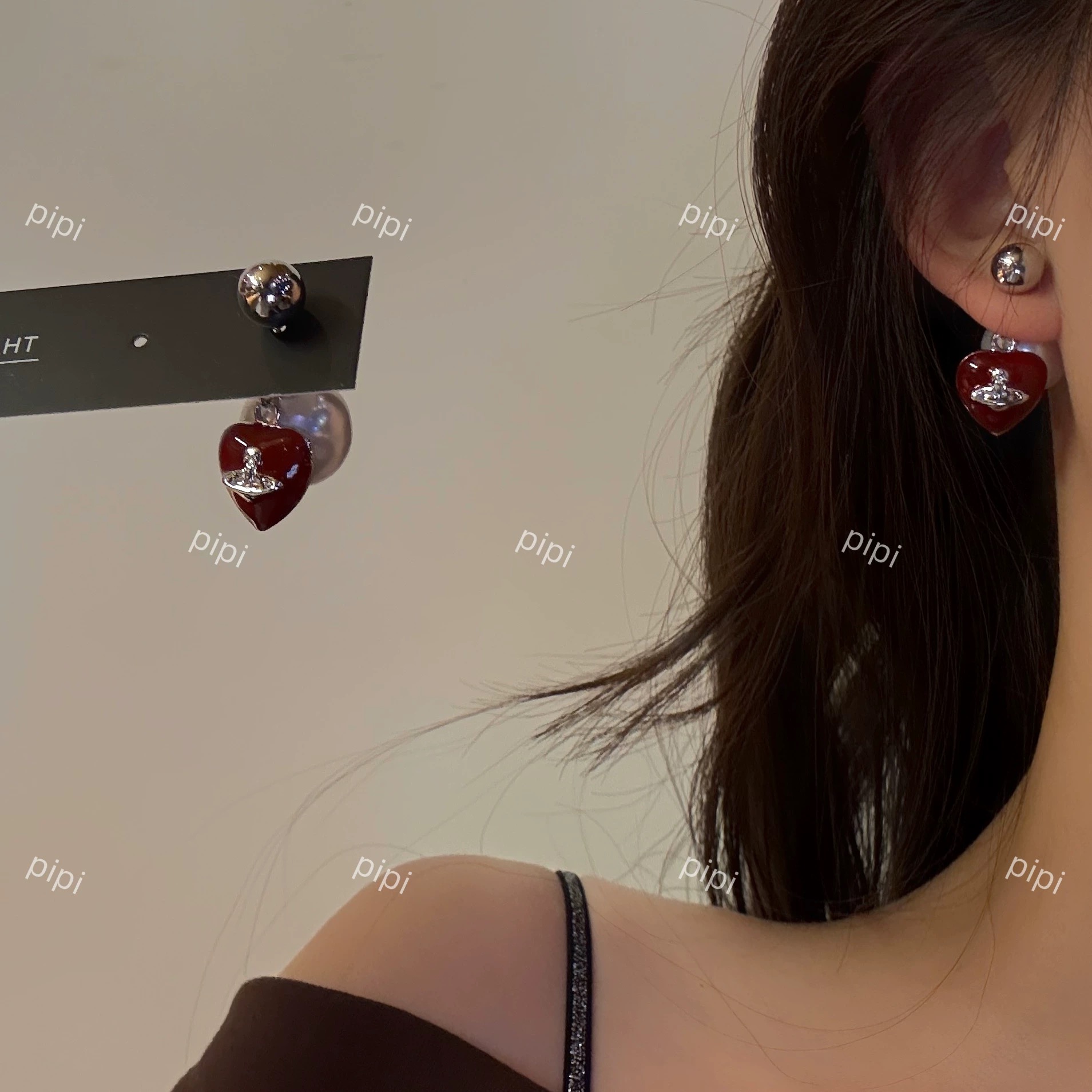 pipi原创设计珍珠前后两戴珠光粉色爱心土星轻奢甜美耳环耳饰银针