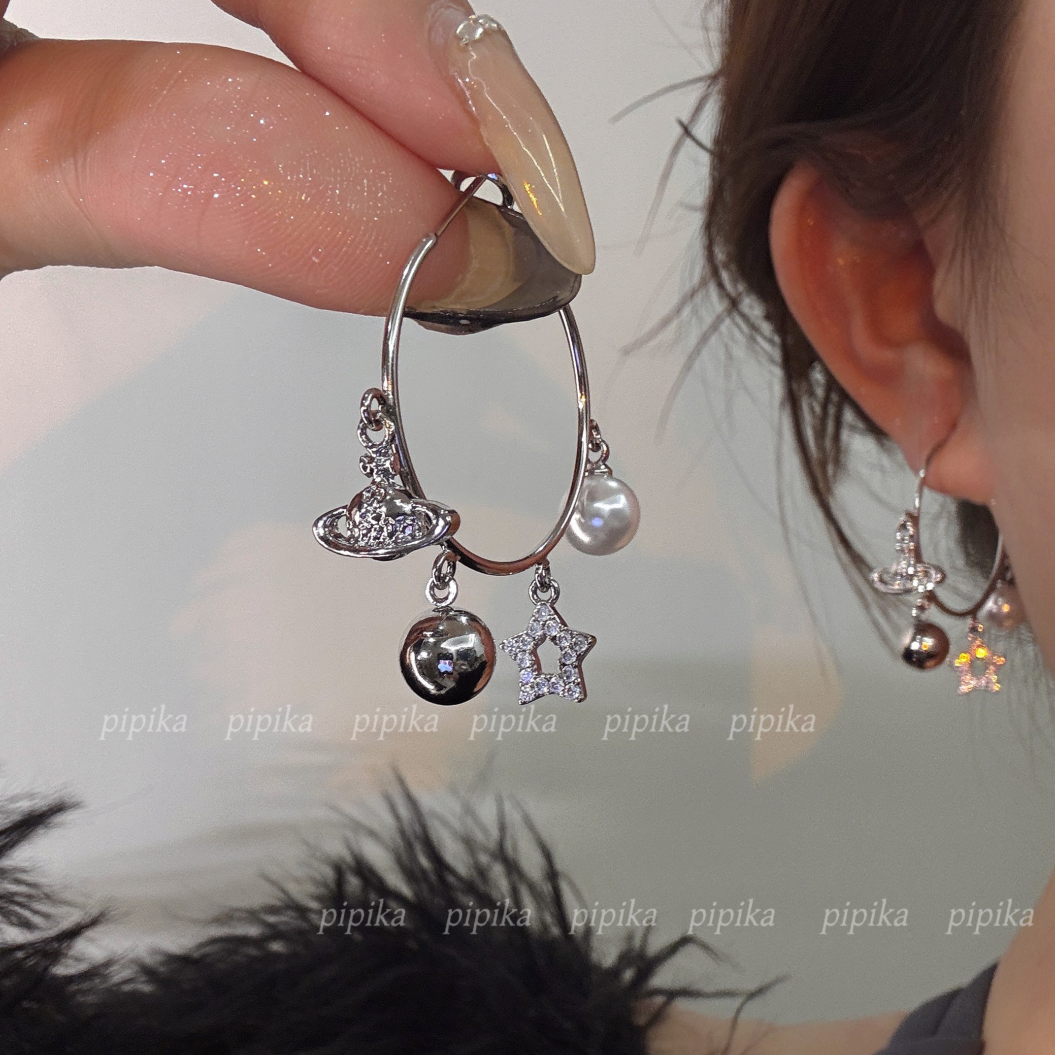 pip原创圈圈独特土星球球爆闪个性耳饰高级感冷淡风耳圈925银针女