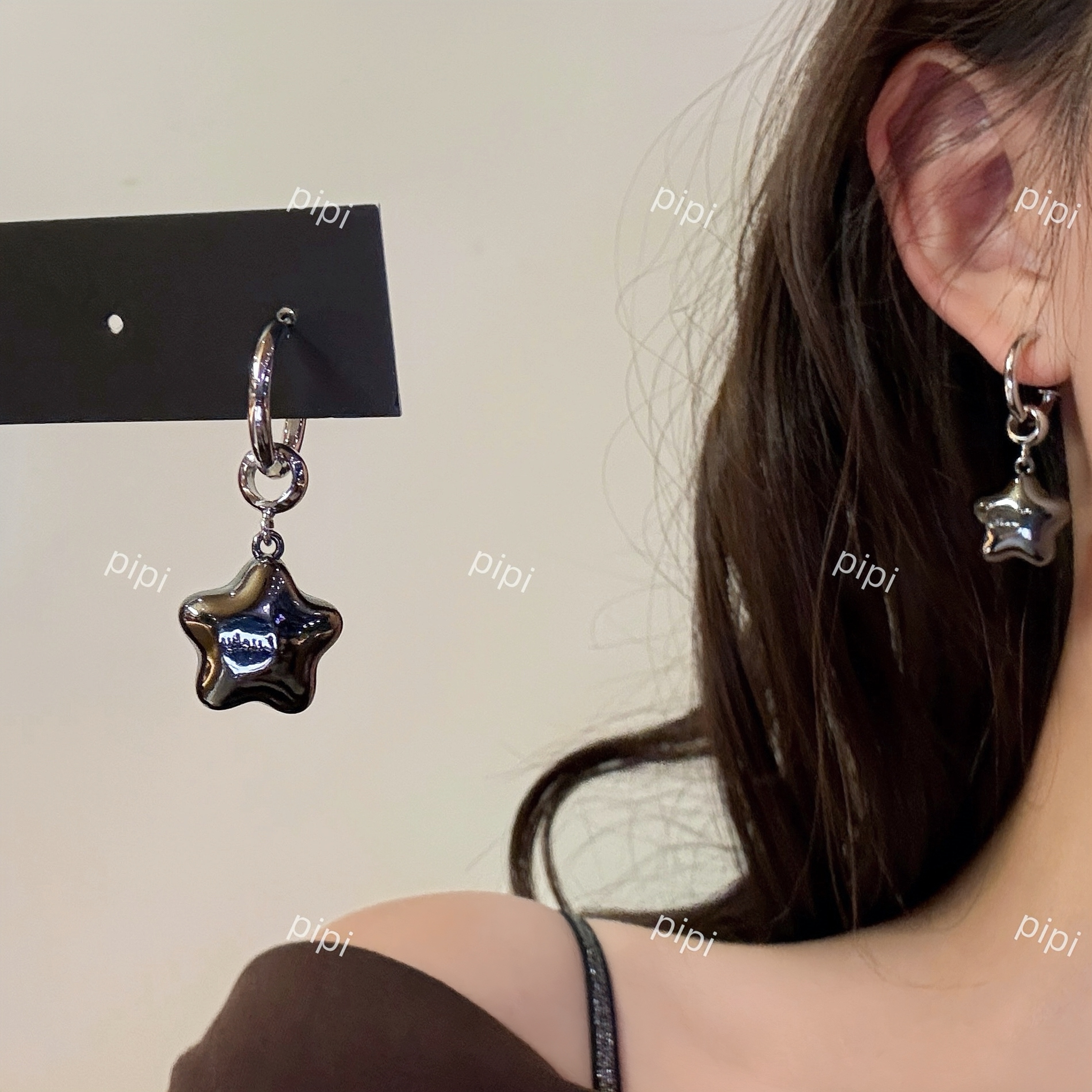 pipi原创设计复古枪黑星星c圈耳环耳饰简约百搭甜酷风气质女银针