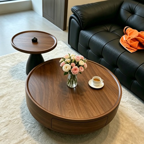 中古风圆形子母茶几组合胡桃木小户型客厅家用带抽屉储物高低边几
