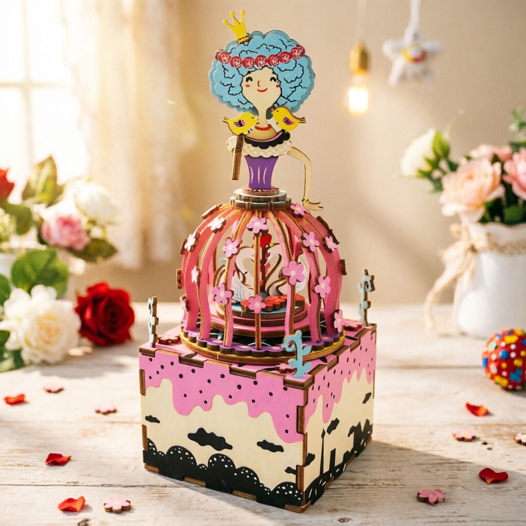 若来八音盒木质手工DIY音乐盒成人解压积木玩具立体拼图天鹅公主